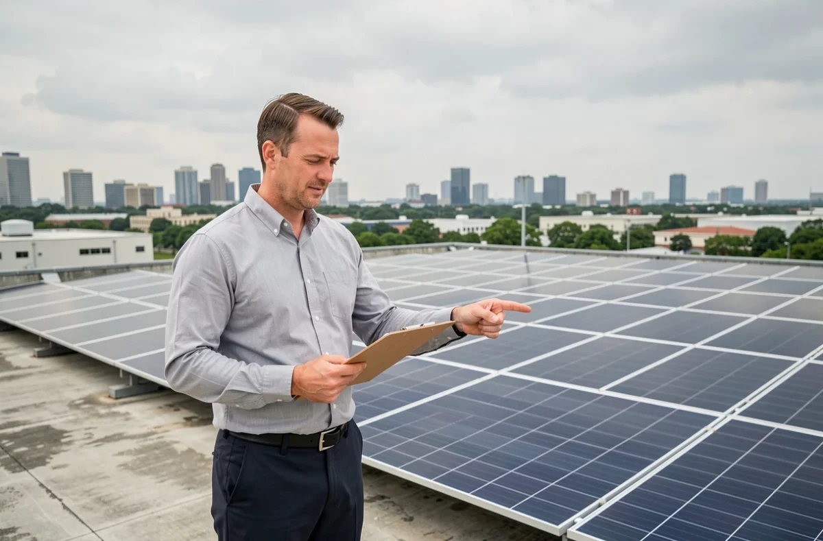 Nachhaltigkeitsexperte vor Solaranlage auf Industriedach – grüne Infrastrukturinvestition der Deutschen Bank