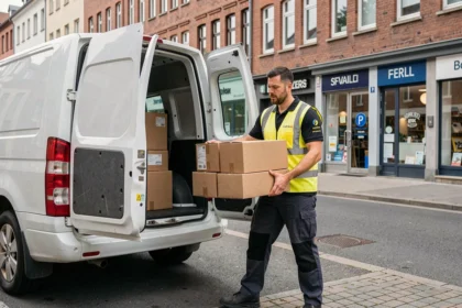 Paketzusteller in Logistikuniform trägt Kartons zu einem weißen Lieferwagen auf einer deutschen Stadtstraße
