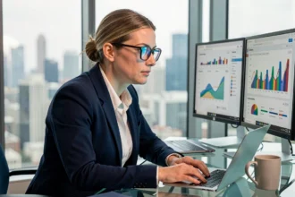 Marketingmanagerin analysiert Performance-Marketing-Kennzahlen auf zwei Monitoren in einem modernen Büro