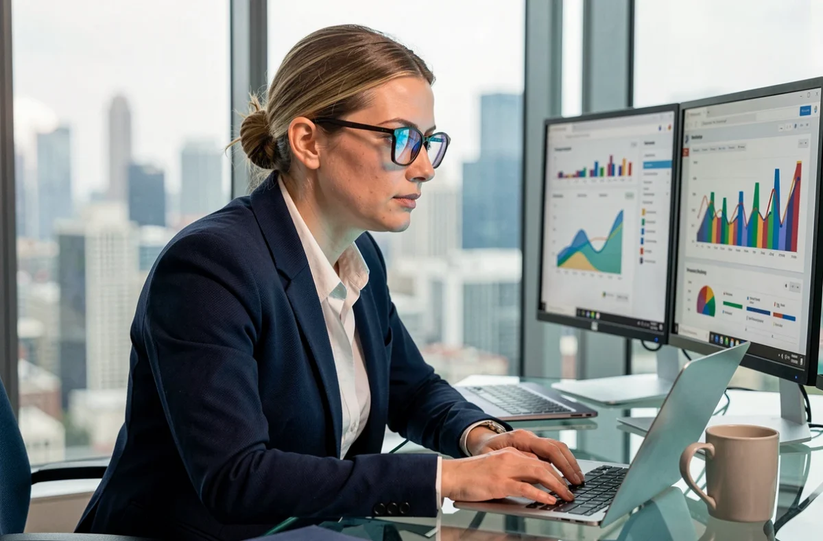 Marketingmanagerin analysiert Performance-Marketing-Kennzahlen auf zwei Monitoren in einem modernen Büro