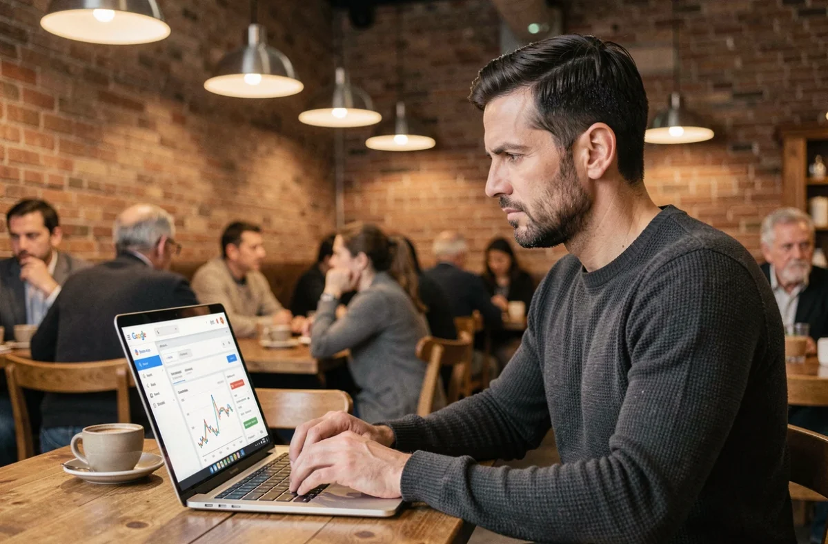 Freiberuflicher Performance-Marketing-Experte arbeitet an Kampagnenoptimierung mit Laptop in einem Café