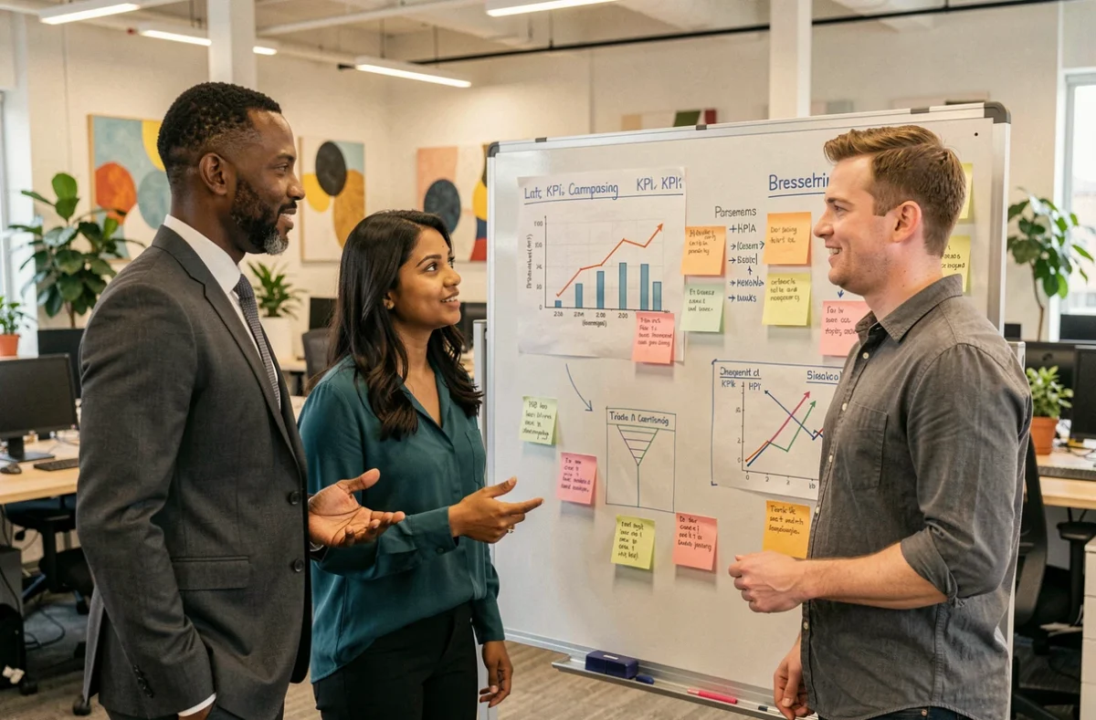Marketingteam bespricht Performance-Marketing-Kampagnenstrategie vor einem Whiteboard in einer Agentur