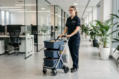 Professionelle Büroreinigungskraft schiebt Reinigungswagen durch modernen deutschen Büroflur