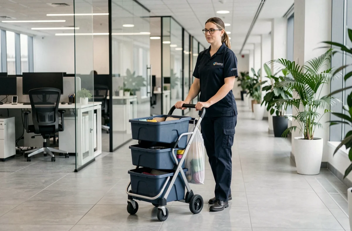 Professionelle Büroreinigungskraft schiebt Reinigungswagen durch modernen deutschen Büroflur
