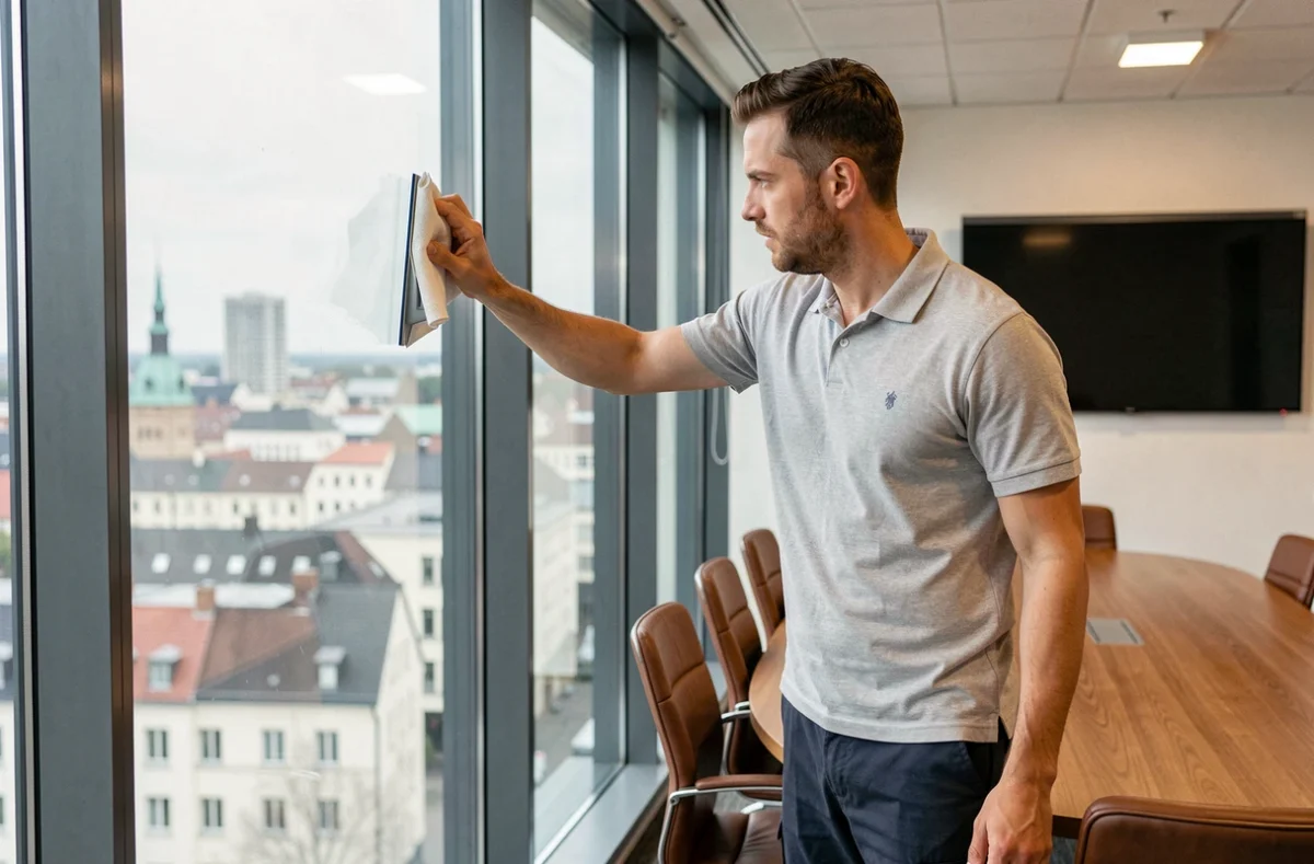 Professioneller Reiniger putzt Glasscheibe in modernem Konferenzraum eines deutschen Bürogebäudes