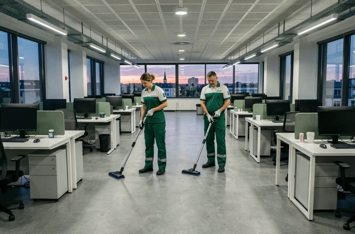 Zwei Reinigungskräfte reinigen abends ein großes Großraumbüro in einem deutschen Unternehmen