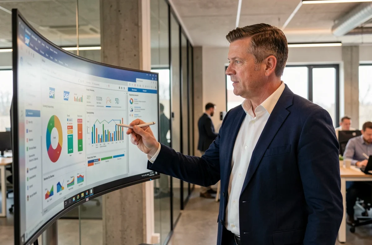 Unternehmensberater zeigt SAP-Dashboard-Analysen auf einem gebogenen Monitor in einem modernen deutschen Büro
