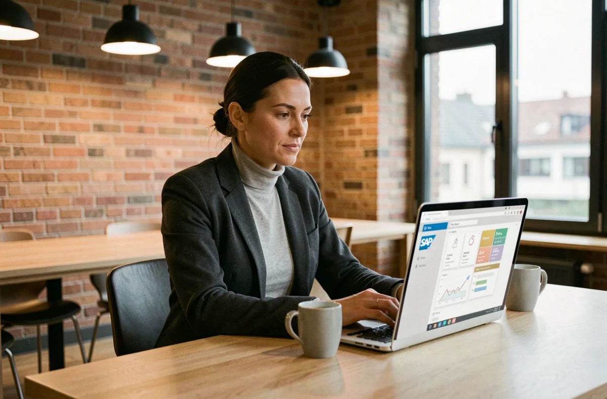 Geschäftsfrau arbeitet mit SAP Fiori auf einem Laptop in einem modernen Co-Working-Space in Deutschland