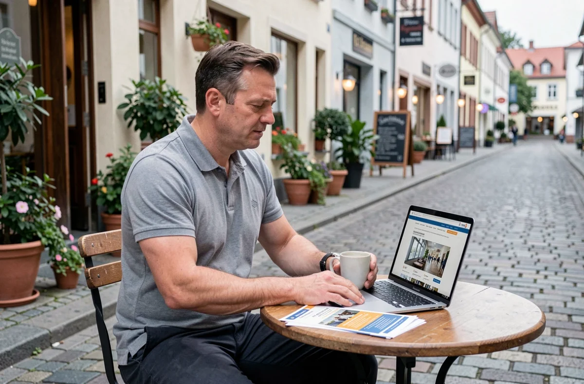 Selbstständiger Unternehmer arbeitet draußen an seiner lokalen Marketingstrategie mit Laptop und Flyern in einer deutschen Fußgängerzone