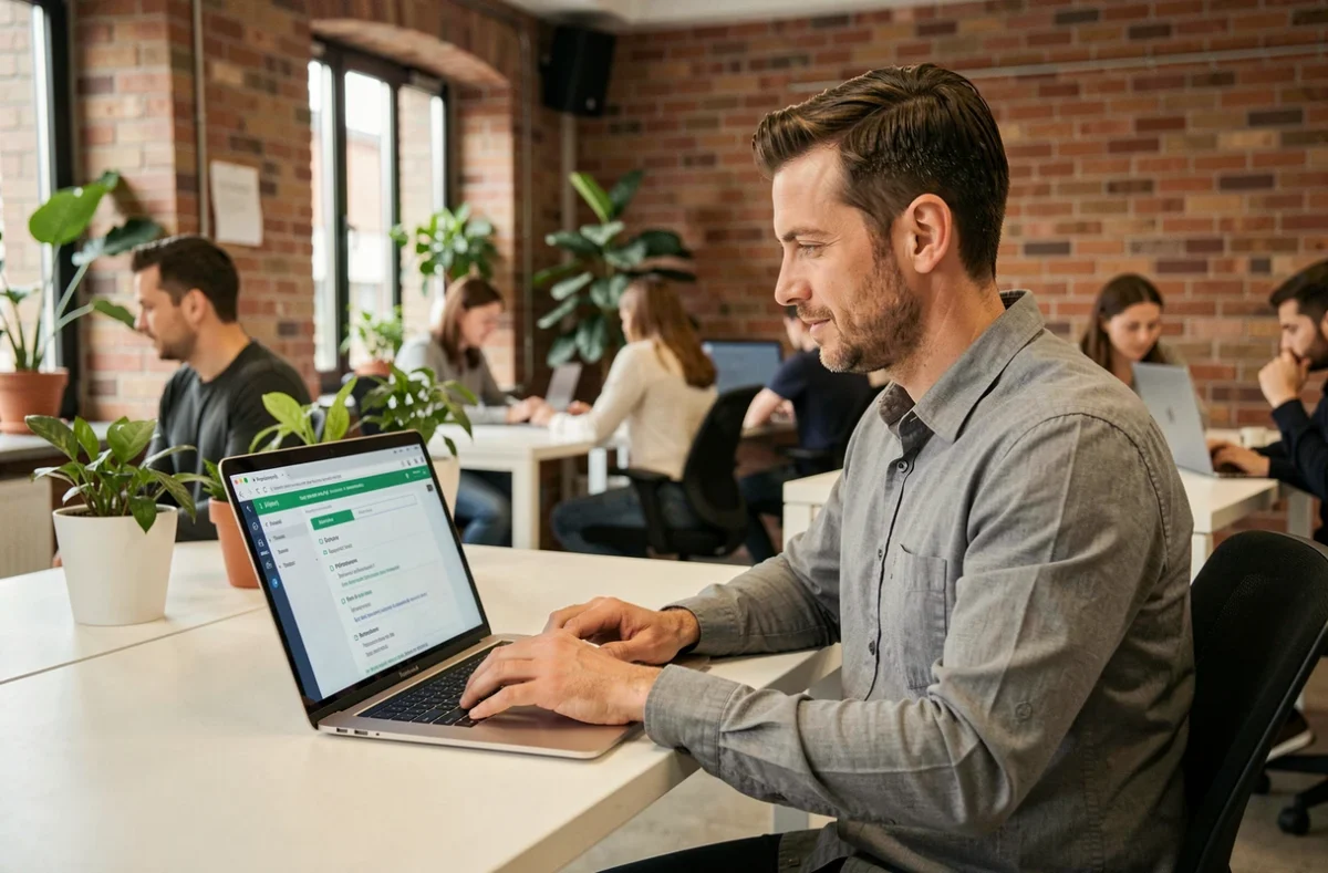Selbstständiger Unternehmer arbeitet an DSGVO-Checkliste im Co-Working-Space