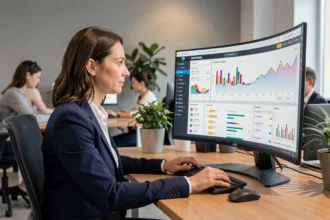 Marketingexpertin analysiert SEO-Trends 2026 auf einem modernen Büro-Monitor mit Analytics-Dashboard