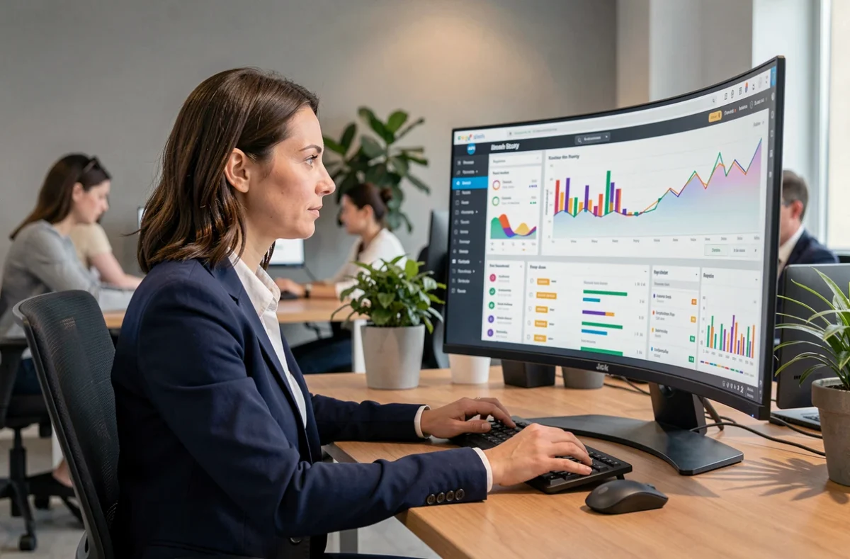 Marketingexpertin analysiert SEO-Trends 2026 auf einem modernen Büro-Monitor mit Analytics-Dashboard
