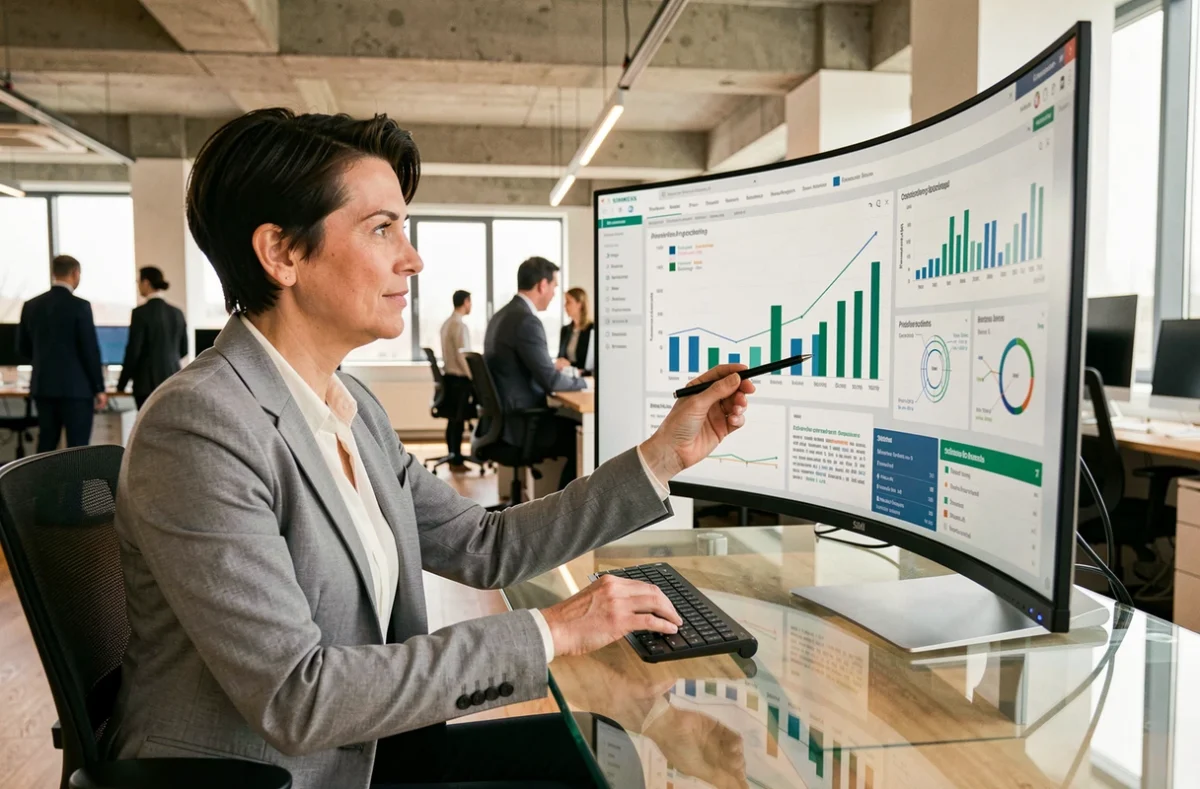 Siemens-Datenanalystin arbeitet an einem Ultrawide-Monitor mit Big-Data-Visualisierungen im modernen Büro