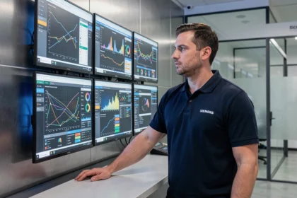 Siemens-Ingenieur analysiert Big-Data-Dashboards in einem modernen Industriekontrollraum mit mehreren großen Monitoren