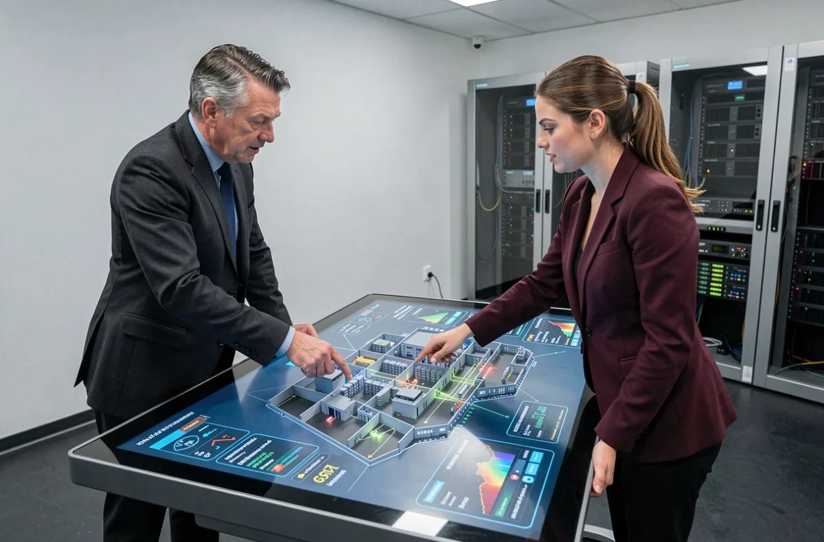 Zwei Siemens-Fachleute diskutieren Big-Data-Fabriksimulation auf einem interaktiven Touchscreen-Tisch im Innovationslabor