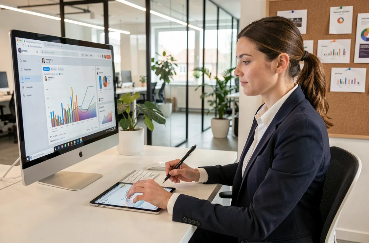Marketingmanagerin analysiert Social-Media-Kennzahlen auf einem Monitor in einem modernen deutschen Büro