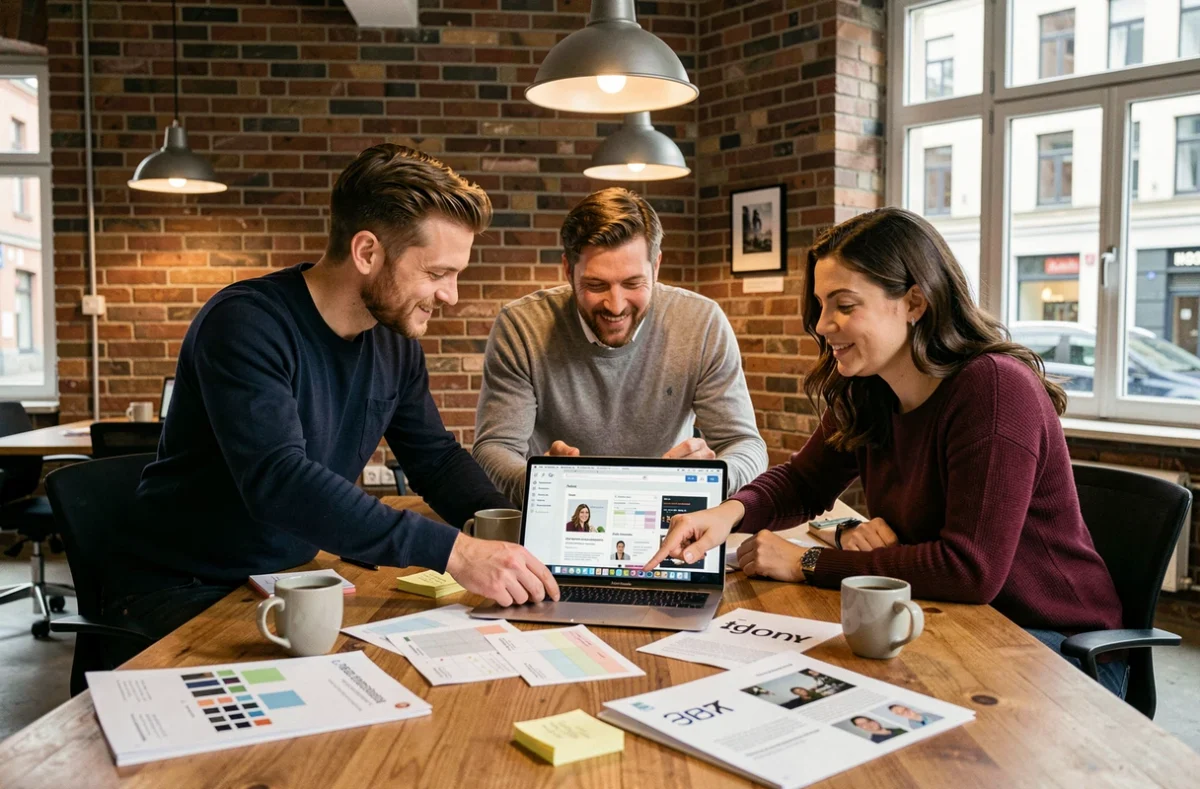 Marketing-Team bespricht Social-Media-Strategie für deutsche Marken in einem Co-Working-Space in Berlin