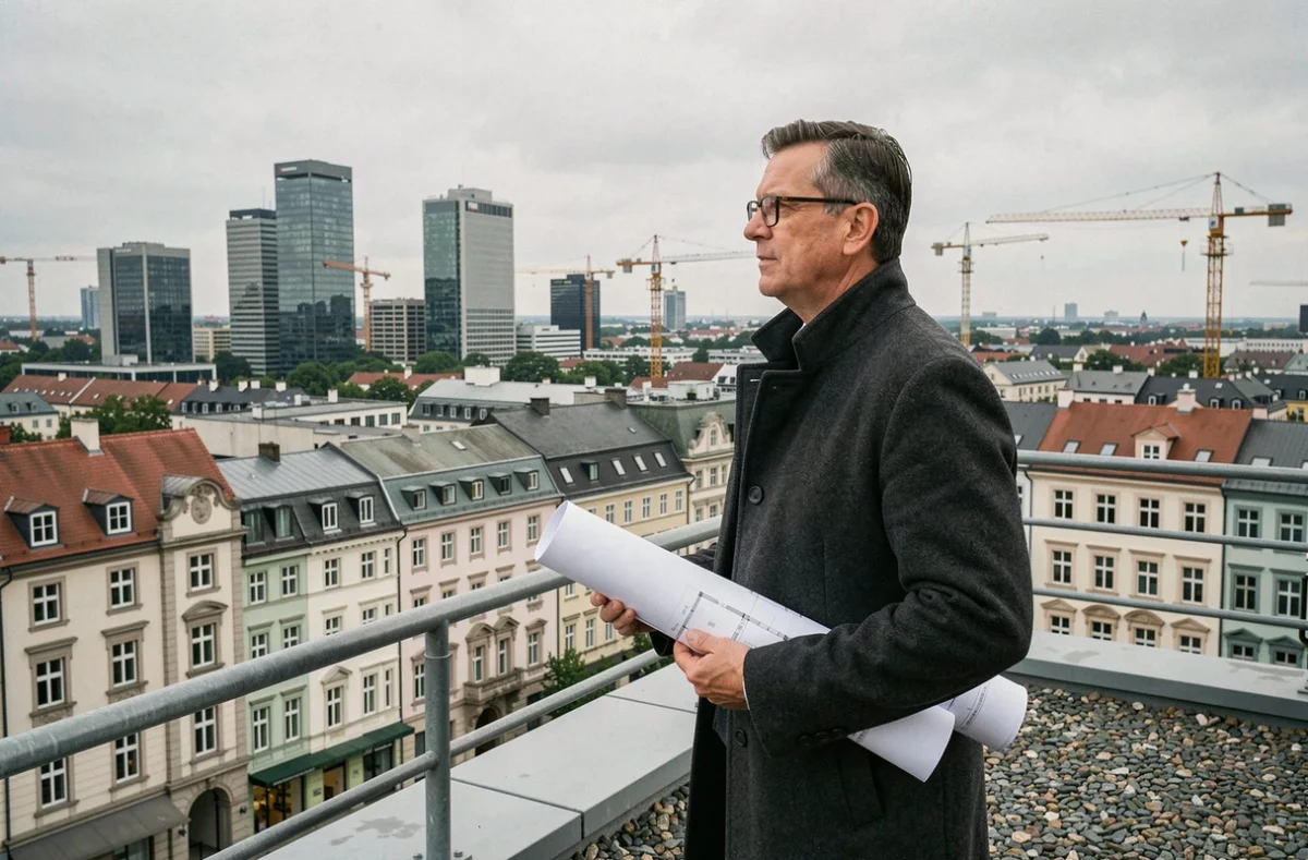 Stadtplaner auf Dachterrasse mit Blick auf die deutsche Stadtsilhouette analysiert Immobilienentwicklung und Bauprojekte 2026