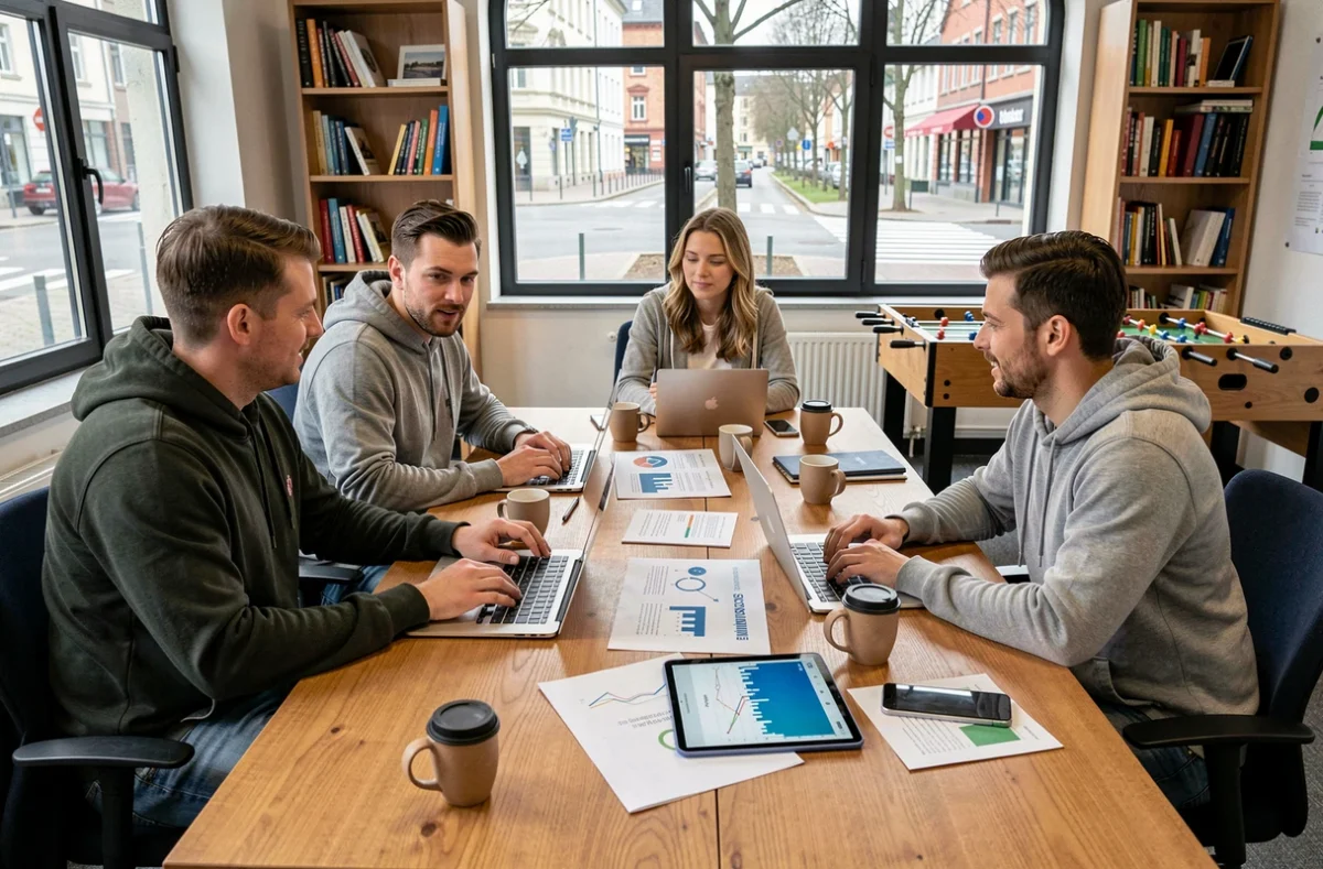 Startup-Team bespricht Geschäftsstrategie und Finanzplanung in einem modernen Büro mit Stadtblick