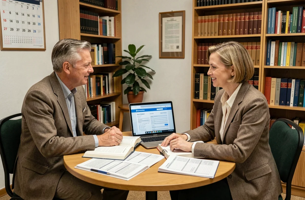 Zwei Steuerberater besprechen gemeinsam Änderungen im deutschen Unternehmenssteuerrecht mit Gesetzestexten und Laptop