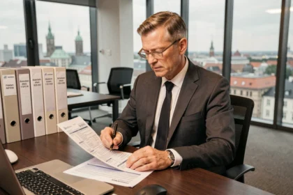 Steuerberater in Anzug prüft Unternehmenssteuerdokumente an modernem Büroschreibtisch mit Stadtblick im Hintergrund