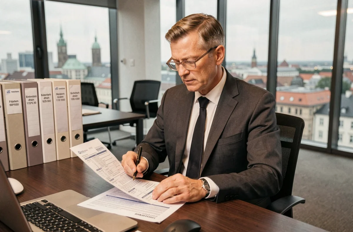 Steuerberater in Anzug prüft Unternehmenssteuerdokumente an modernem Büroschreibtisch mit Stadtblick im Hintergrund