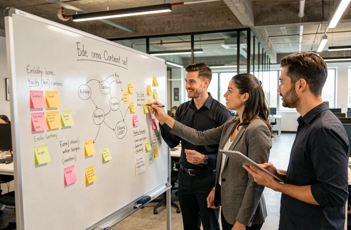 Drei Kollegen beim Brainstorming für eine Content-Marketing-Kampagne vor einem Whiteboard im modernen Büro