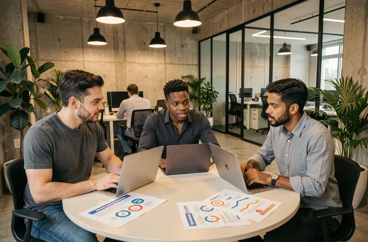 Kreatives Team bespricht Urheberrechtskonformität für Content-Ersteller in einem modernen Co-Working-Space