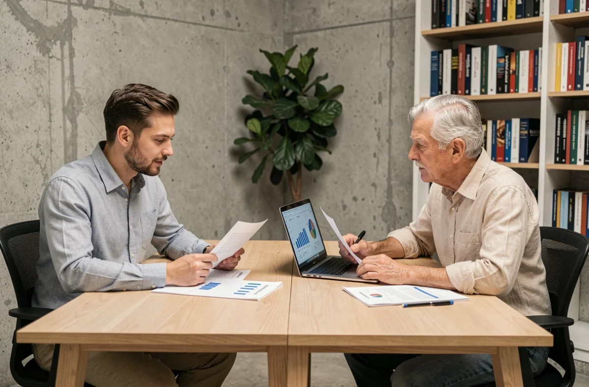 Zwei Unternehmensberater analysieren Berichte und Daten in einem ruhigen Büro