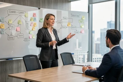 Unternehmensberaterin erklärt strategische Diagramme an einem Glasboard in einem modernen Büro