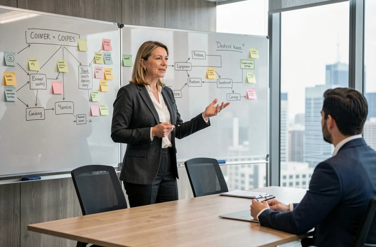 Unternehmensberaterin erklärt strategische Diagramme an einem Glasboard in einem modernen Büro