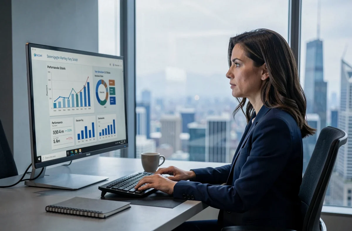 Unternehmensberaterin analysiert Geschäftsstrategie und Kennzahlen auf einem Monitor mit Stadtpanorama