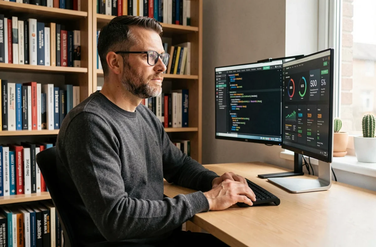 Unternehmer arbeitet konzentriert an KPI-Dashboard und Code im modernen Homeoffice