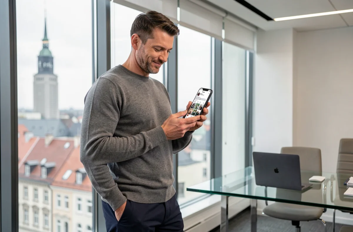 Unternehmer präsentiert Instagram-Businessprofil auf dem Smartphone vor der Skyline einer deutschen Großstadt