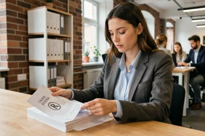 Junge Unternehmerin prüft Markenrechts-Dokumente in einem modernen Berliner Co-Working-Space