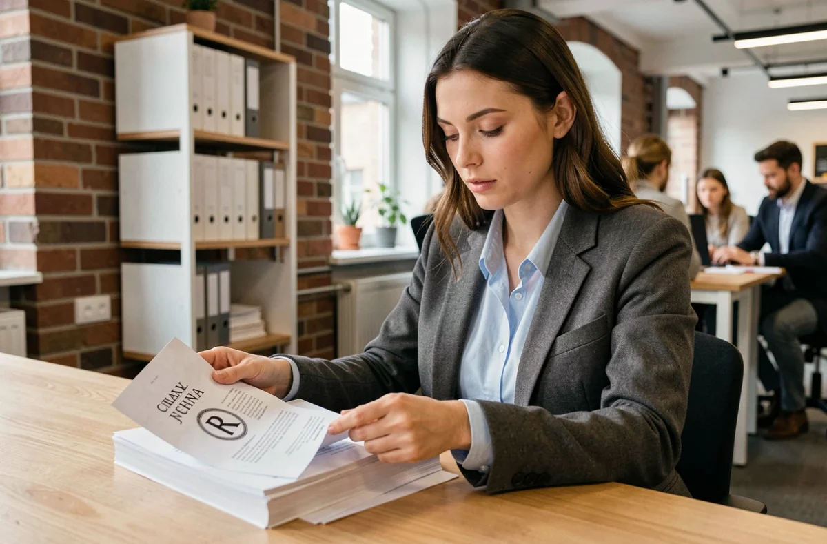 Junge Unternehmerin prüft Markenrechts-Dokumente in einem modernen Berliner Co-Working-Space