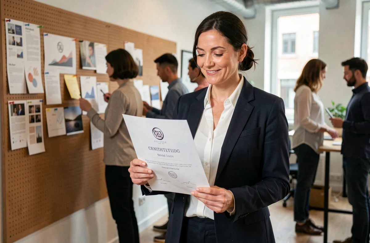 Unternehmerin hält Markenrechtszertifikat in einem deutschen Startup-Büro – Markenschutz und geistiges Eigentum