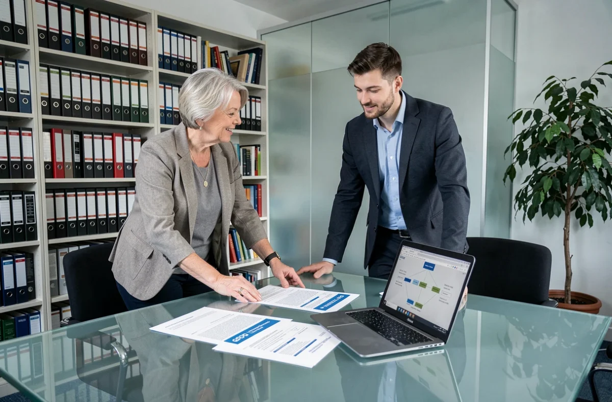 Unternehmerin und Rechtsberater besprechen DSGVO-Bericht in einer kleinen Anwaltskanzlei