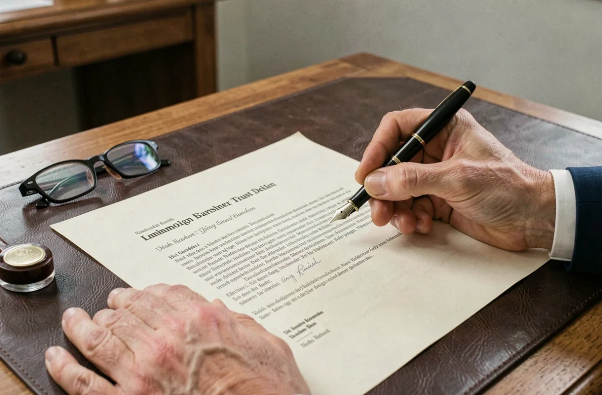 Nahaufnahme einer Unterschrift unter einem deutschen Treuhanddokument mit Füllfederhalter und Stempel