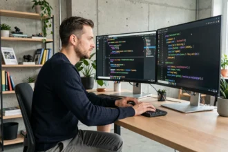 Webentwickler arbeitet an Code auf zwei ultrabreiten Monitoren in einem modernen deutschen Tech-Startup-Büro