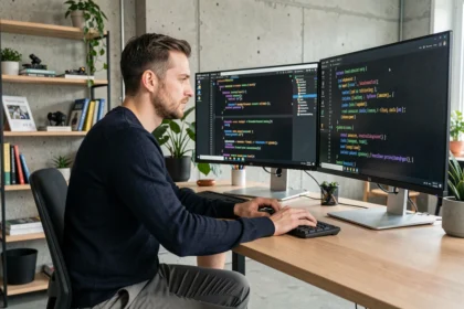 Webentwickler arbeitet an Code auf zwei ultrabreiten Monitoren in einem modernen deutschen Tech-Startup-Büro