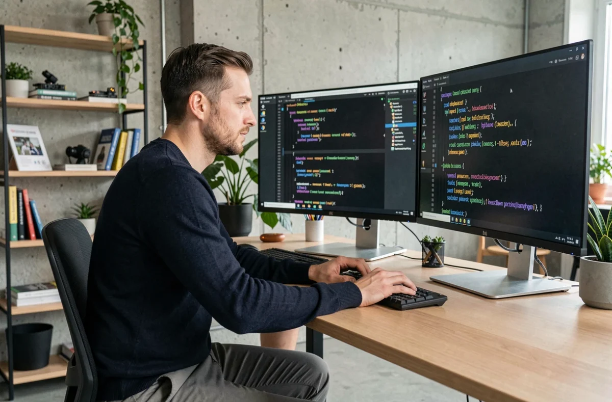 Webentwickler arbeitet an Code auf zwei ultrabreiten Monitoren in einem modernen deutschen Tech-Startup-Büro