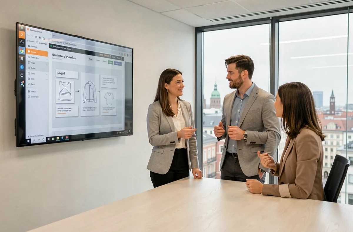Webentwicklungsteam bespricht Website-Prototypen auf einem Touchscreen in einem modernen Konferenzraum in Deutschland