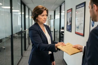 Eine Frau in einem Büroflur übergibt diskret einen verschlossenen Umschlag – symbolisches Bild für Whistleblower-Schutz in Deutschland